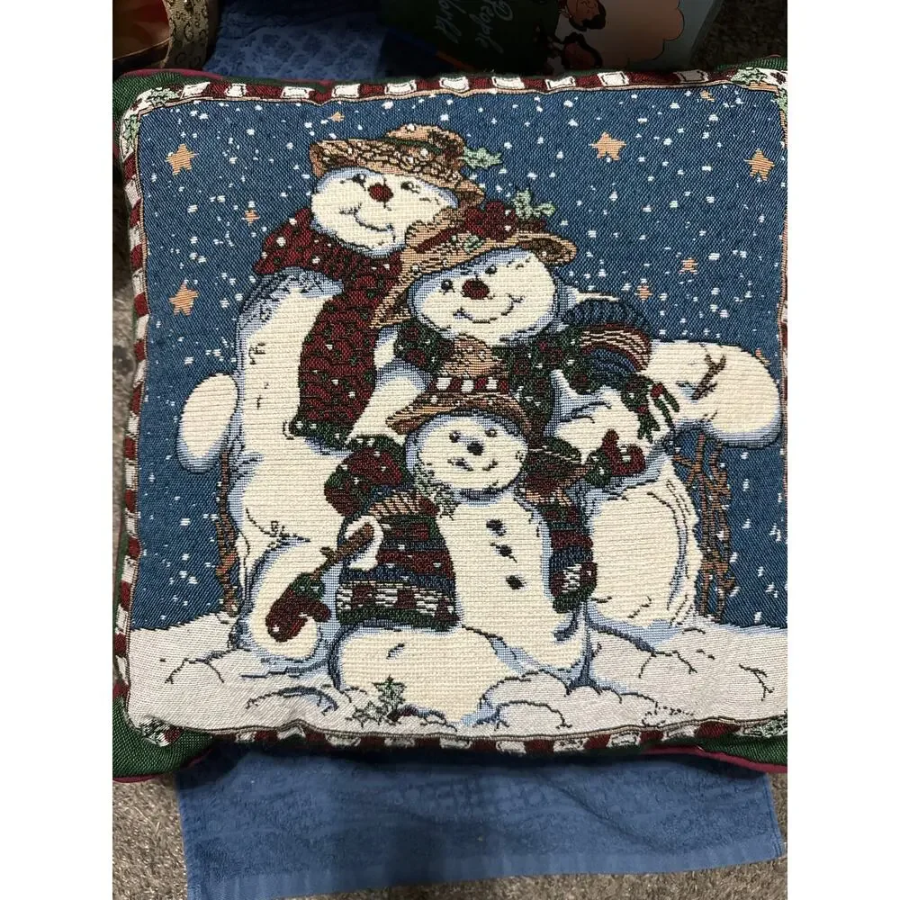 Vintage Christmas Tapestry Throw Pillow Snowman‎ family. 15x15